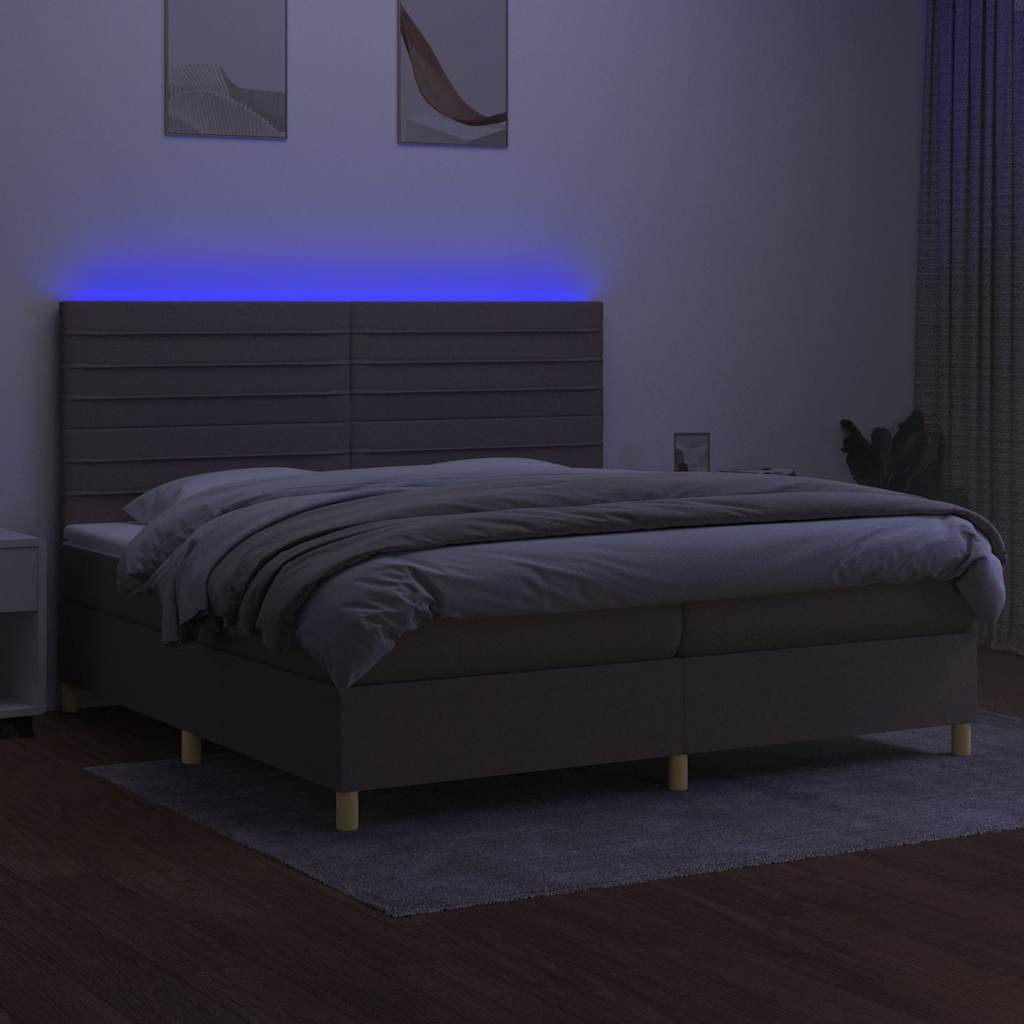 Krevet box spring s madracem LED smeđesivi 200x200 cm tkanina