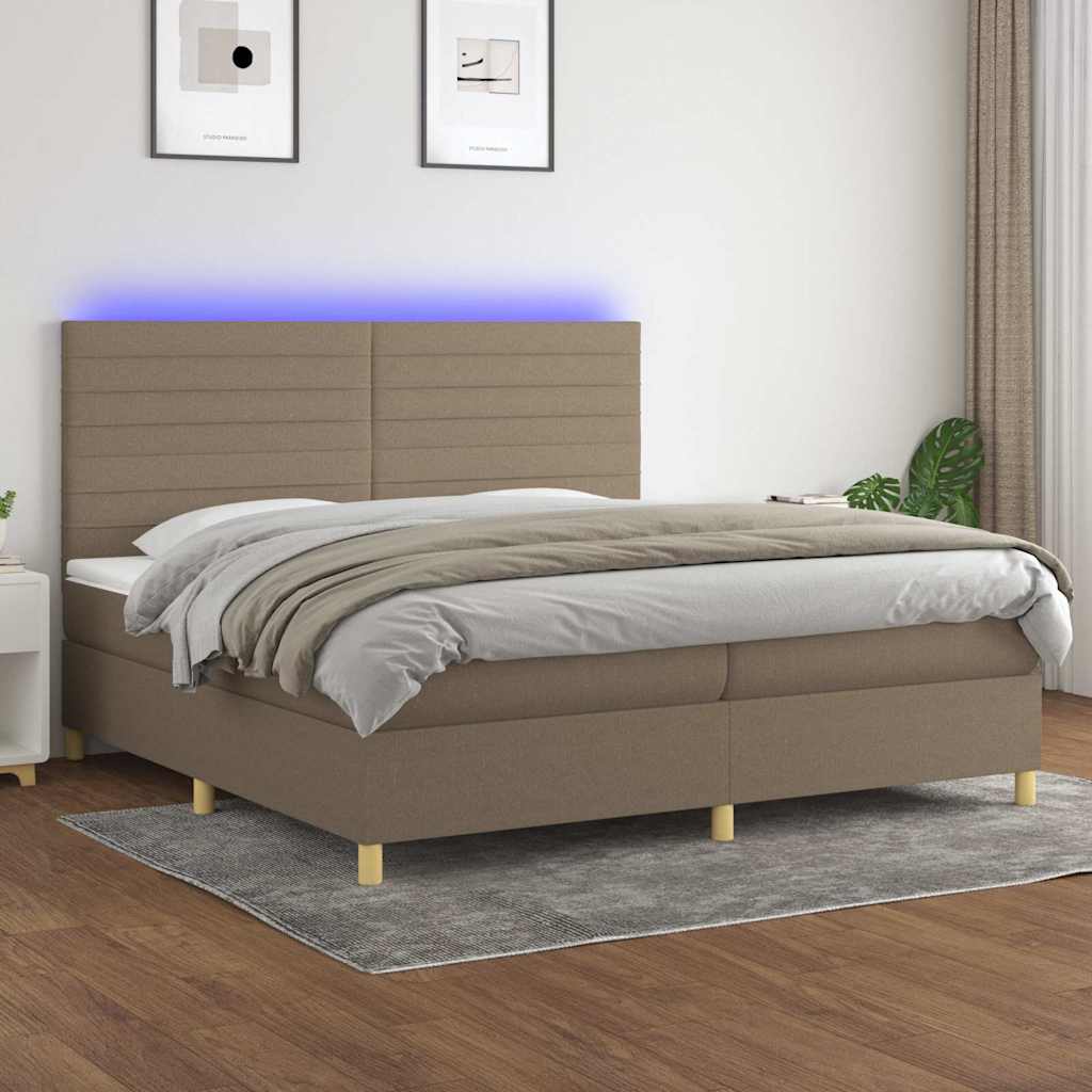 Krevet box spring s madracem LED smeđesivi 200x200 cm tkanina