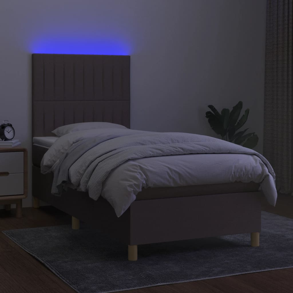 Krevet box spring s madracem LED smeđesivi 90x190 cm tkanina