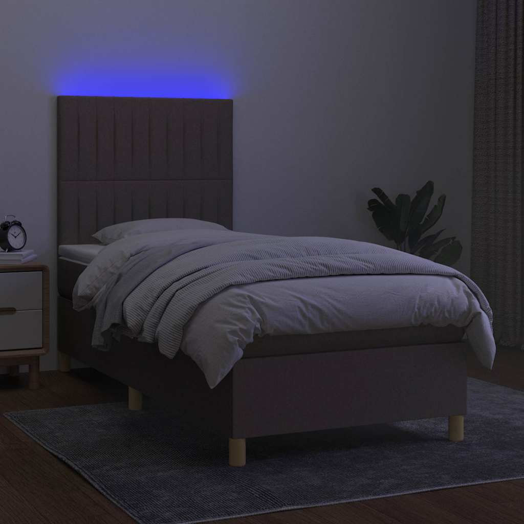Krevet box spring s madracem LED smeđesivi 100x200 cm tkanina