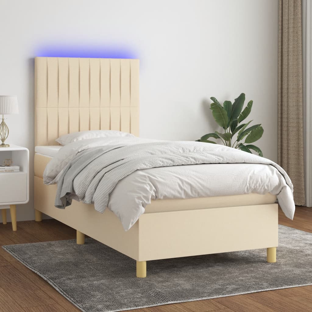 Krevet box spring s madracem LED krem 100x200 cm od tkanine