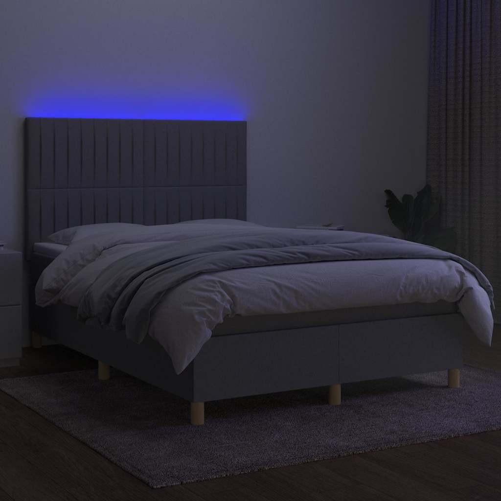 Krevet box spring s madracem LED svjetlosivi 140x190 cm tkanina