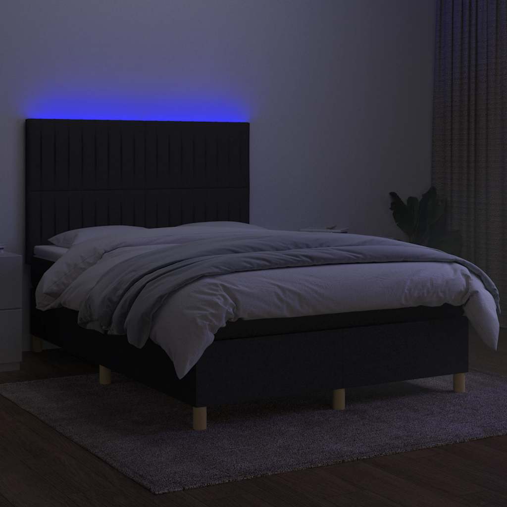 Krevet box spring s madracem LED crni 140x190 cm od tkanine