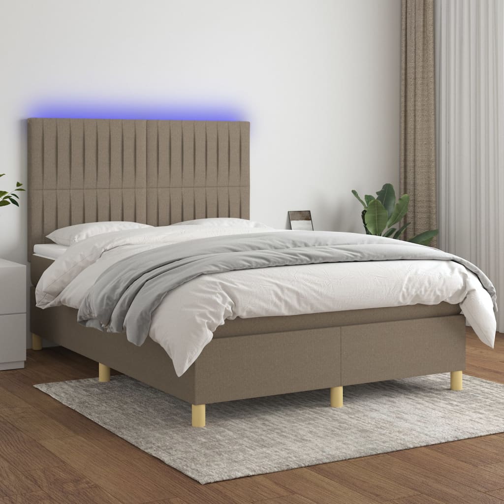 Krevet box spring s madracem LED smeđesivi 140x190 cm tkanina