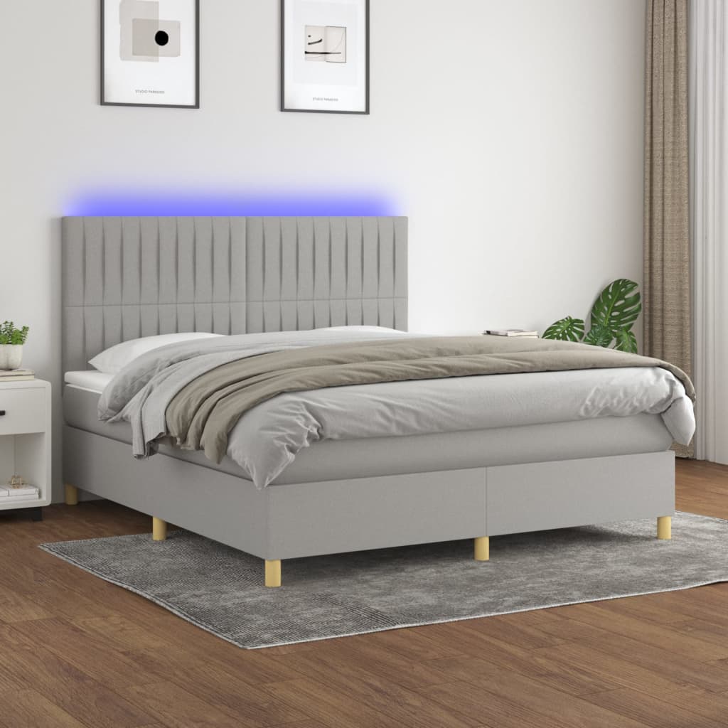 Krevet box spring s madracem LED svjetlosivi 160x200 cm tkanina