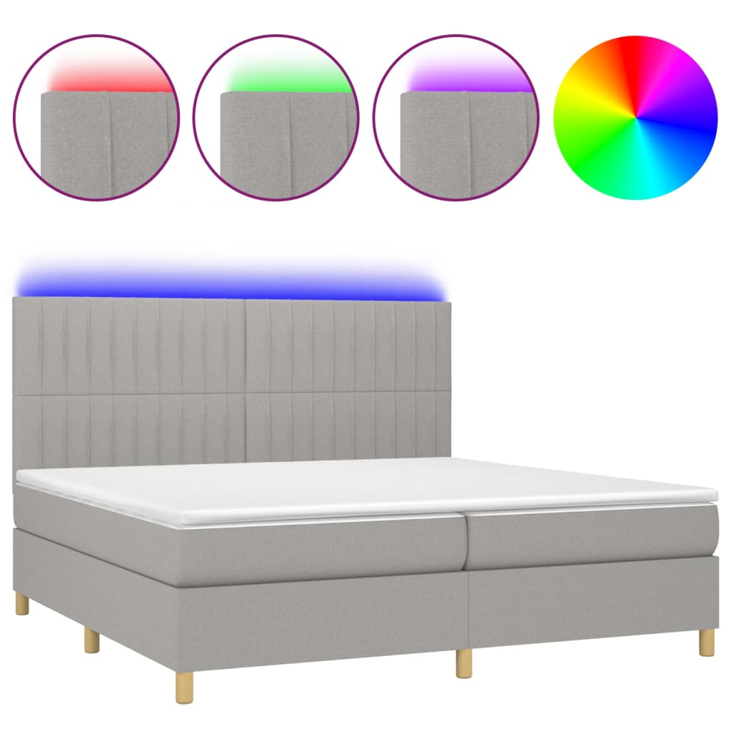 Krevet box spring s madracem LED svjetlosivi 200x200 cm tkanina