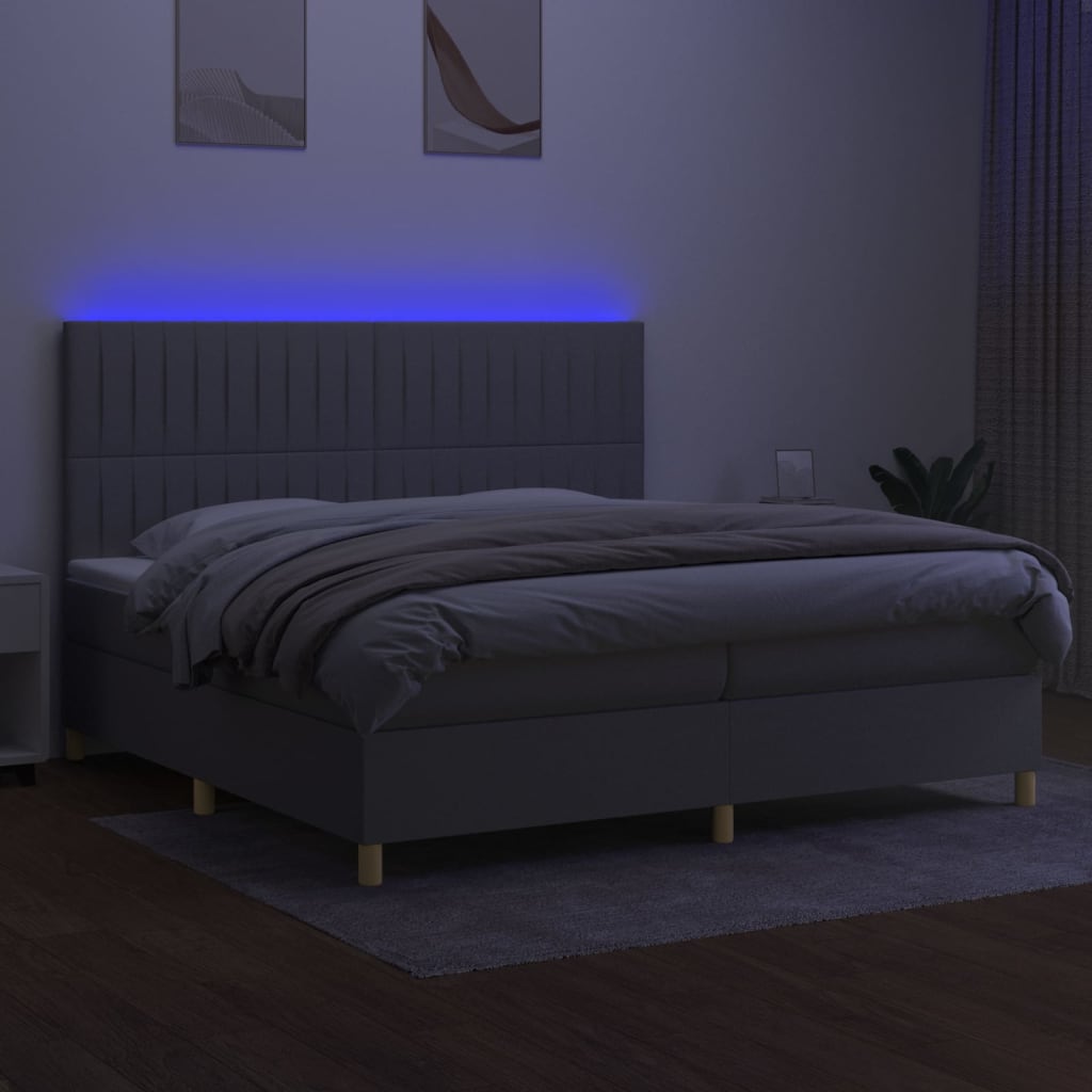 Krevet box spring s madracem LED svjetlosivi 200x200 cm tkanina