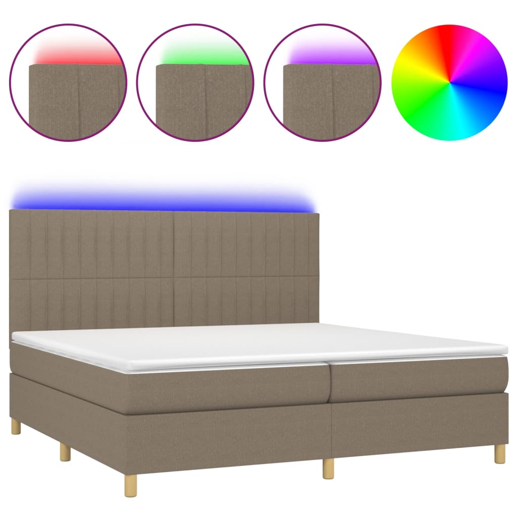 Krevet box spring s madracem LED smeđesivi 200x200 cm tkanina