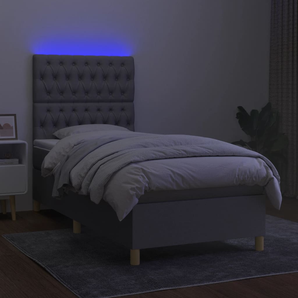 Krevet box spring s madracem LED svjetlosivi 90x200 cm tkanina