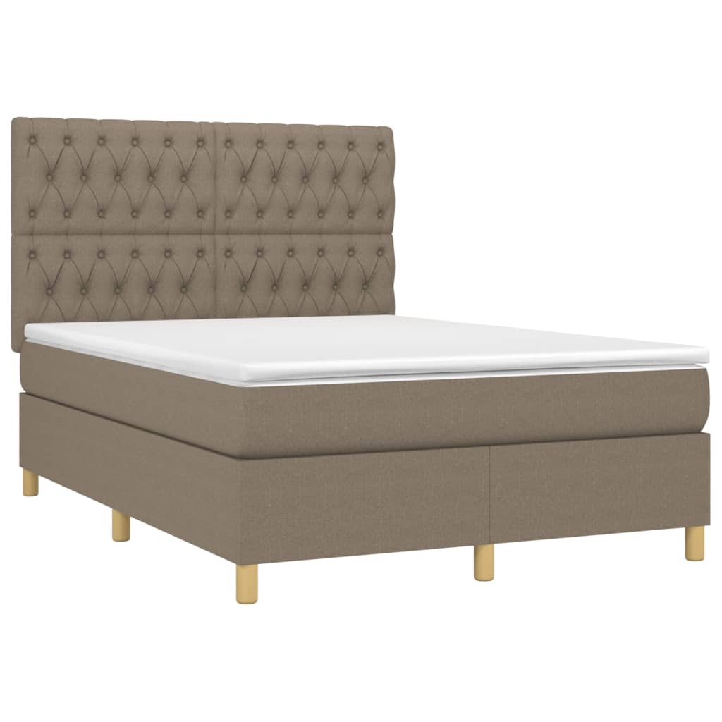 Krevet box spring s madracem LED smeđesivi 140x190 cm tkanina