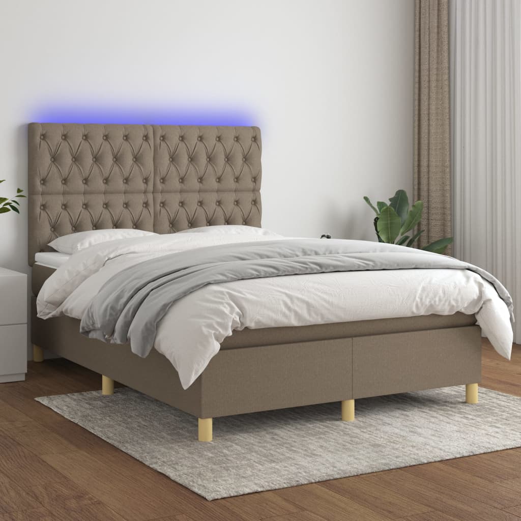 Krevet box spring s madracem LED smeđesivi 140x190 cm tkanina