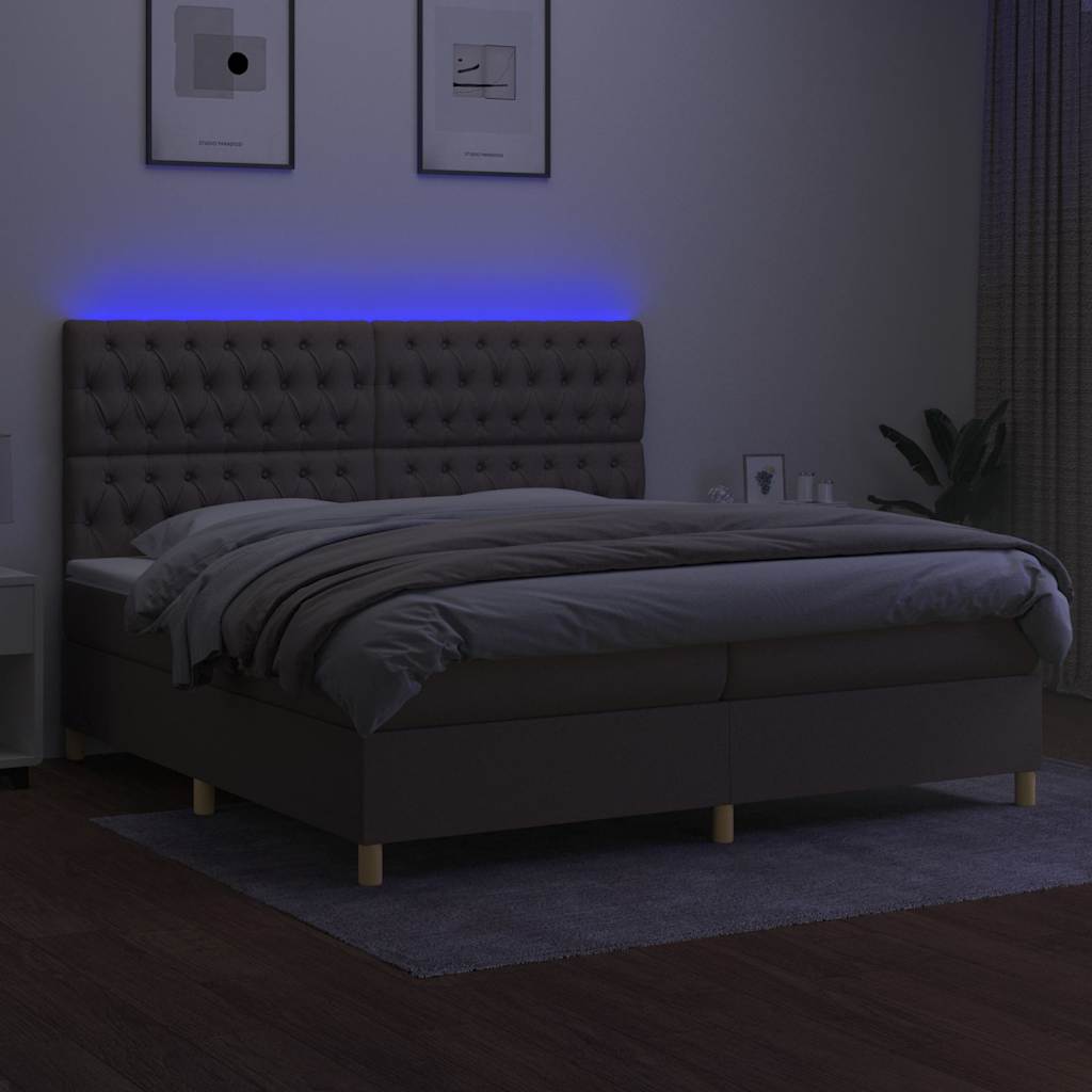 Krevet box spring s madracem LED smeđesivi 200x200 cm tkanina