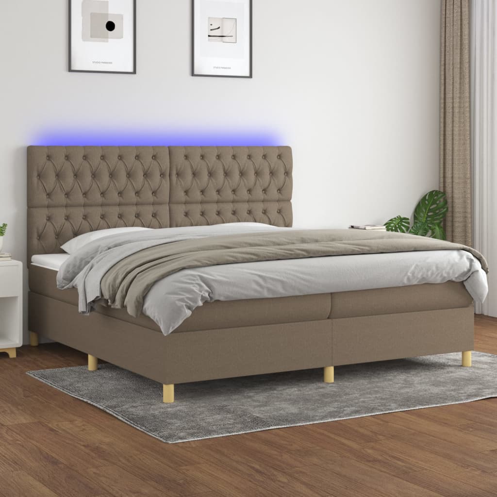 Krevet box spring s madracem LED smeđesivi 200x200 cm tkanina