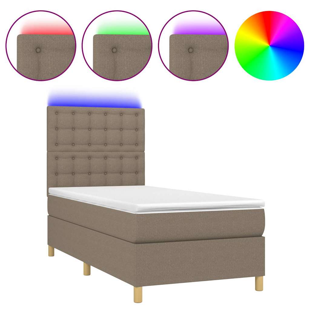 Krevet box spring s madracem LED smeđesivi 90x190 cm tkanina