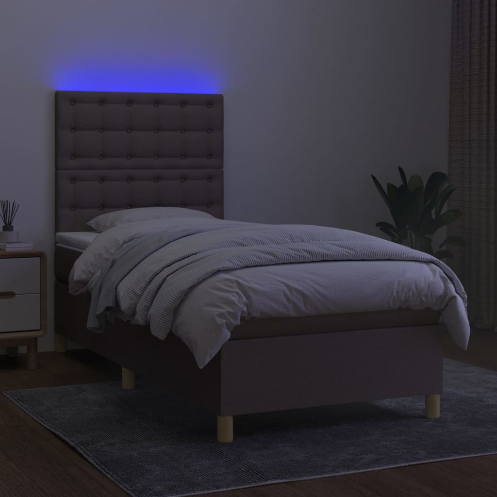 Krevet box spring s madracem LED smeđesivi 90x190 cm tkanina