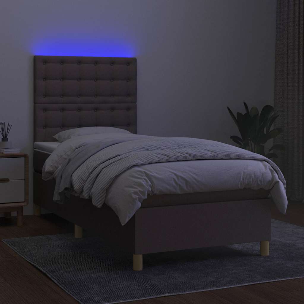 Krevet box spring s madracem LED smeđesivi 90x190 cm tkanina