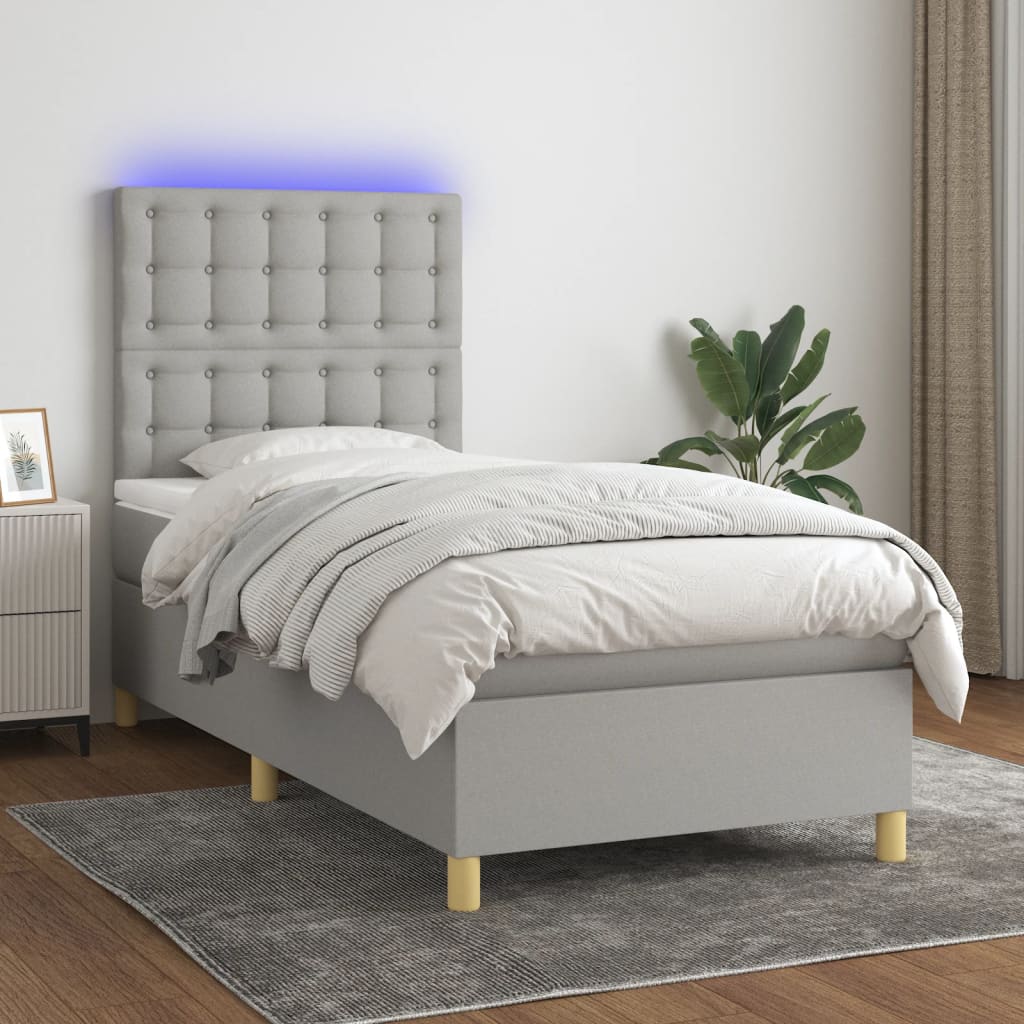 Krevet box spring s madracem LED svjetlosivi 100x200 cm tkanina