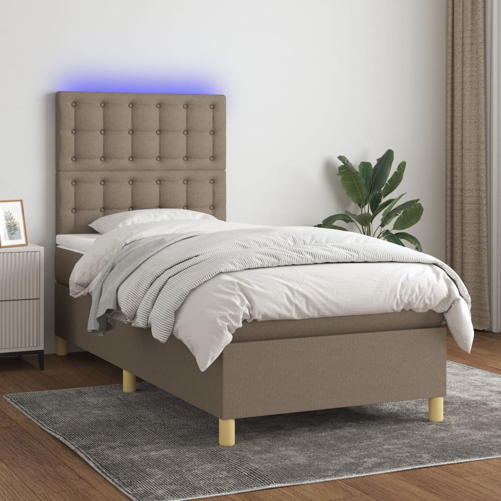 Krevet box spring s madracem LED smeđesivi 100x200 cm tkanina