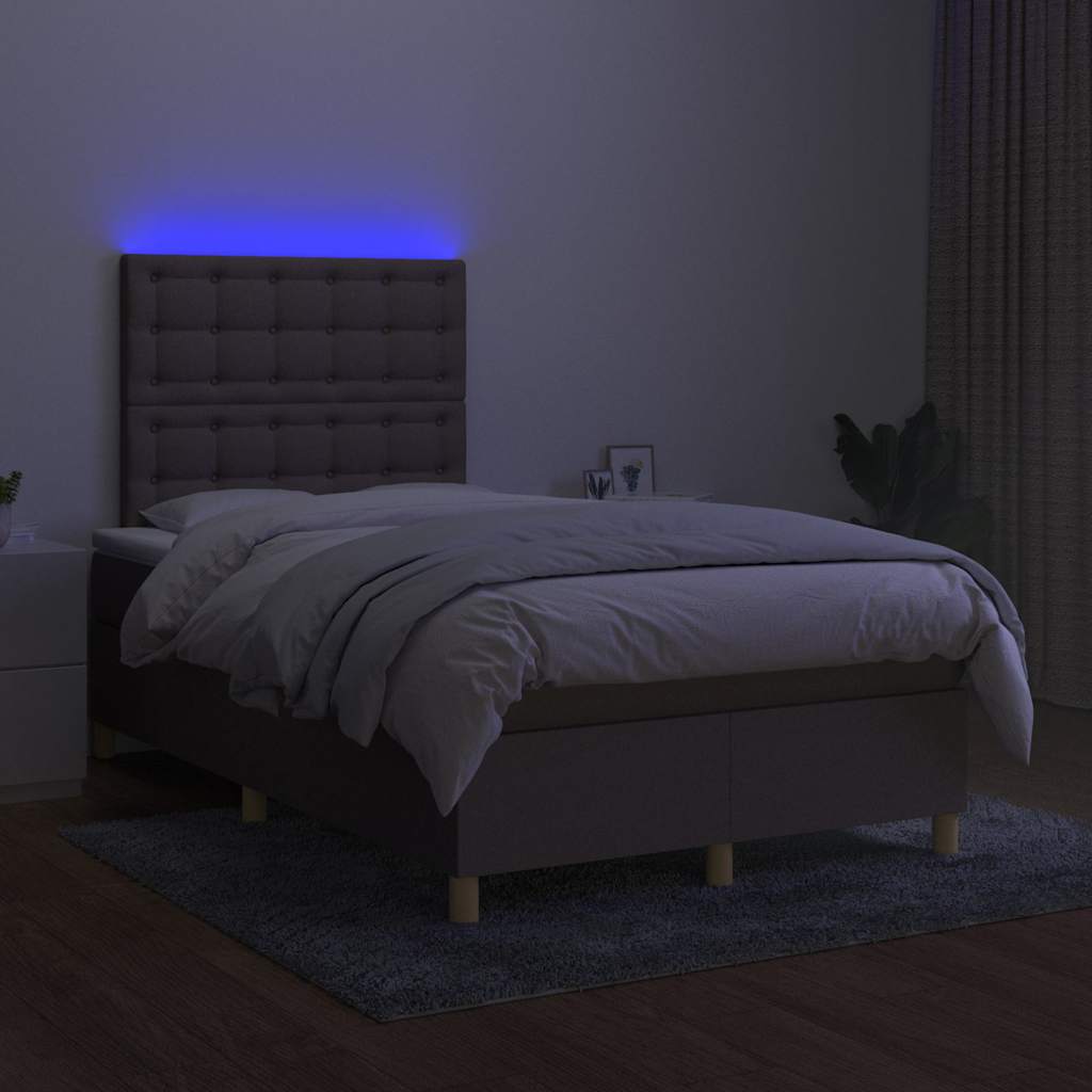 Krevet box spring s madracem LED smeđesivi 120 x 200 cm tkanina