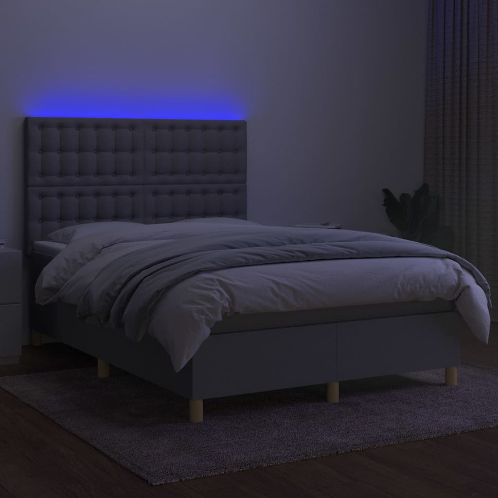 Krevet box spring s madracem LED svjetlosivi 140x200 cm tkanina
