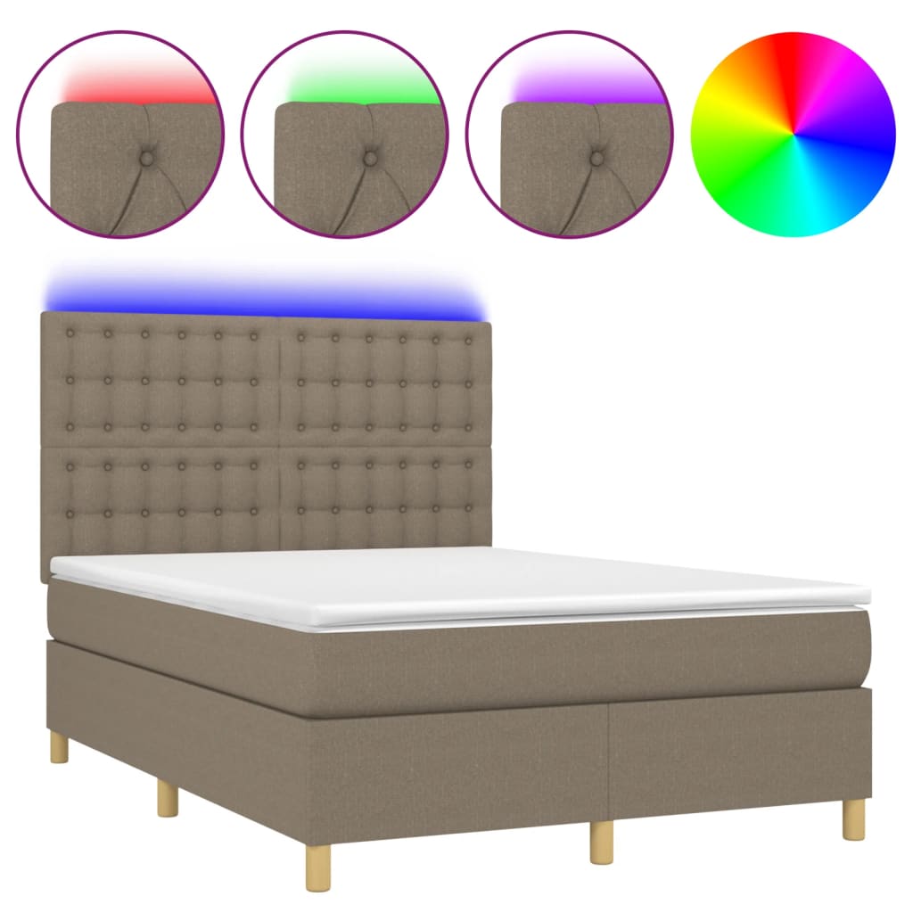 Krevet box spring s madracem LED smeđesivi 140x200 cm tkanina