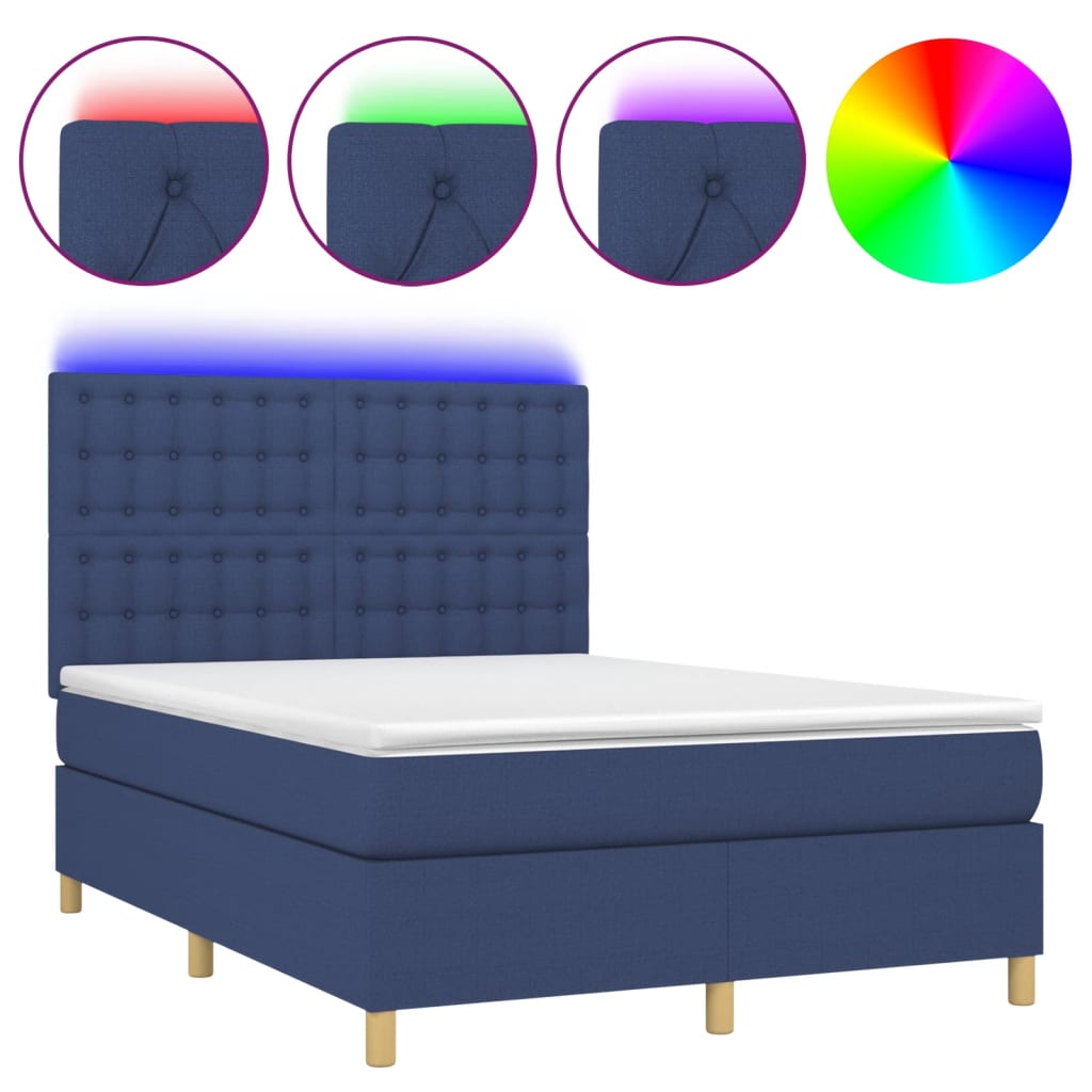 Krevet box spring s madracem LED plavi 140x200 cm od tkanine