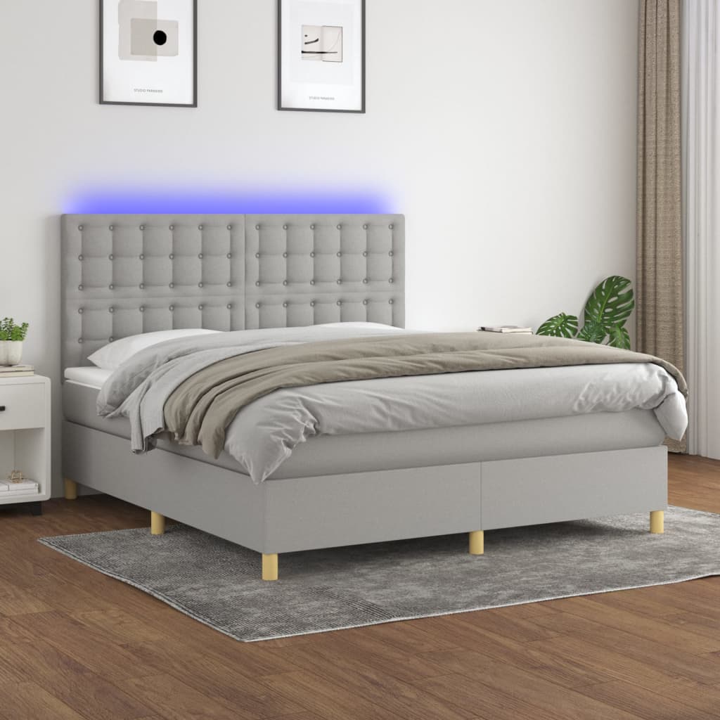 Krevet box spring s madracem LED svjetlosivi 180x200 cm tkanina