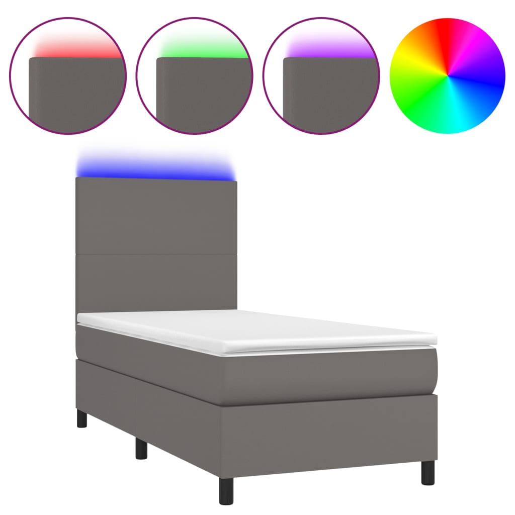 Krevet box spring s madracem LED sivi 90x190 cm od umjetne kože