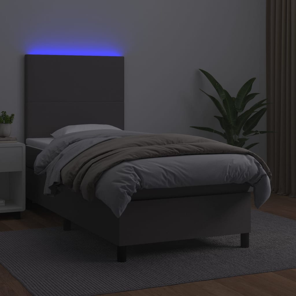 Krevet box spring s madracem LED sivi 90x190 cm od umjetne kože