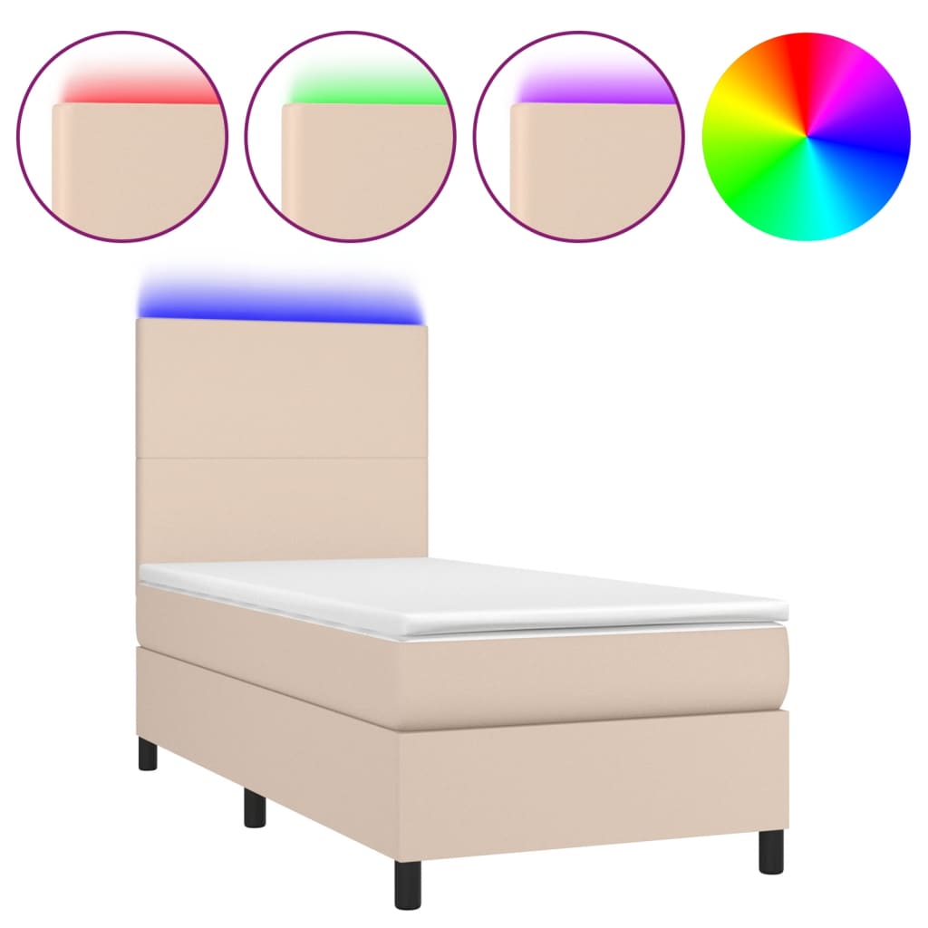 Krevet box spring madrac LED cappuccino 90x190cm umjetna koža