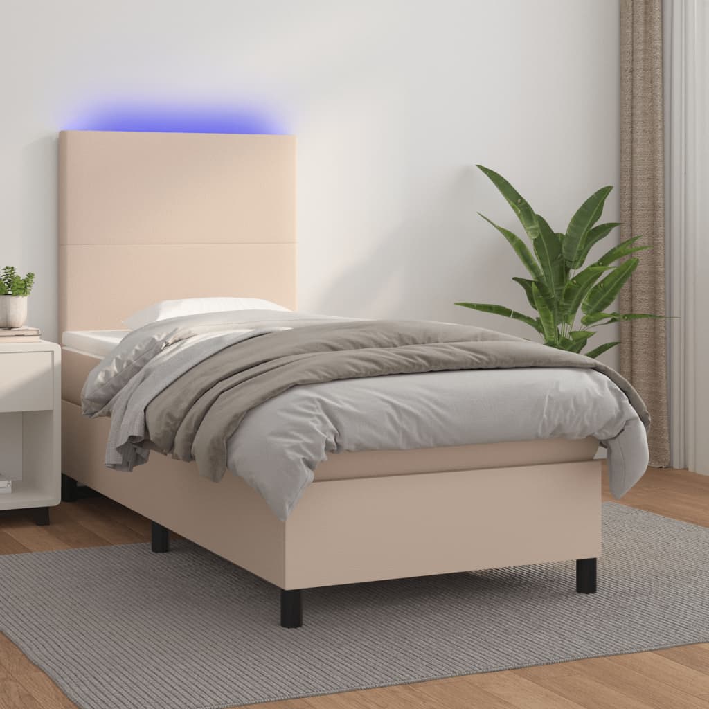 Krevet box spring madrac LED cappuccino 90x190cm umjetna koža