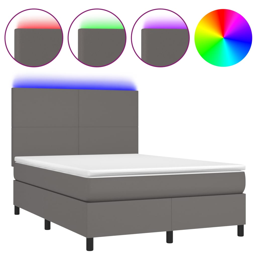 Krevet box spring s madracem LED sivi 140x190cm od umjetne kože