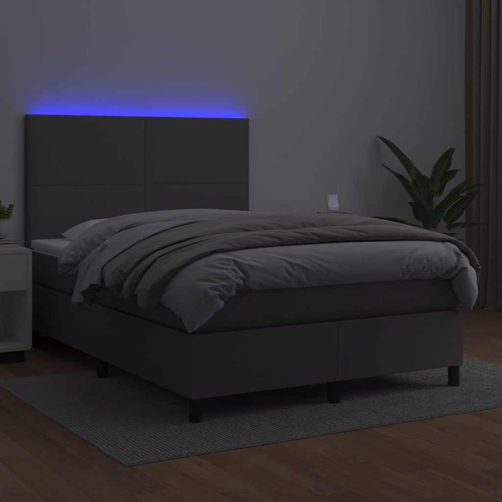 Krevet box spring s madracem LED sivi 140x190cm od umjetne kože