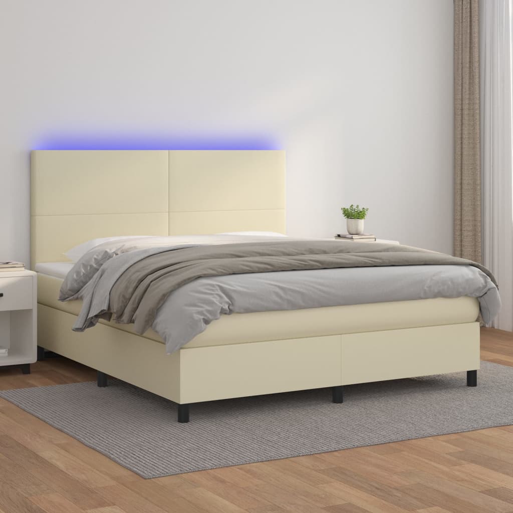 Krevet box spring s madracem LED krem 180x200cm od umjetne kože