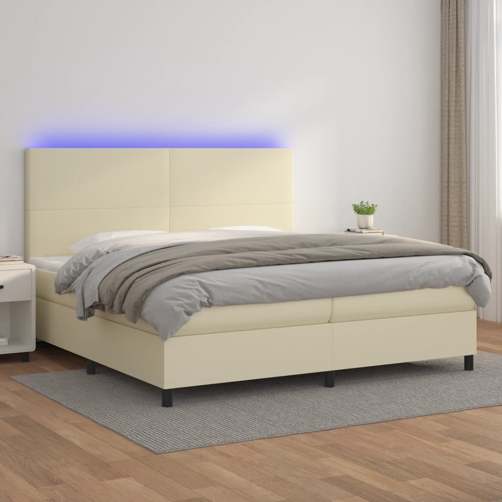 Krevet box spring s madracem LED krem 200x200cm od umjetne kože