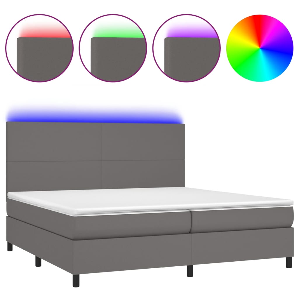 Krevet box spring s madracem LED sivi 200x200cm od umjetne kože