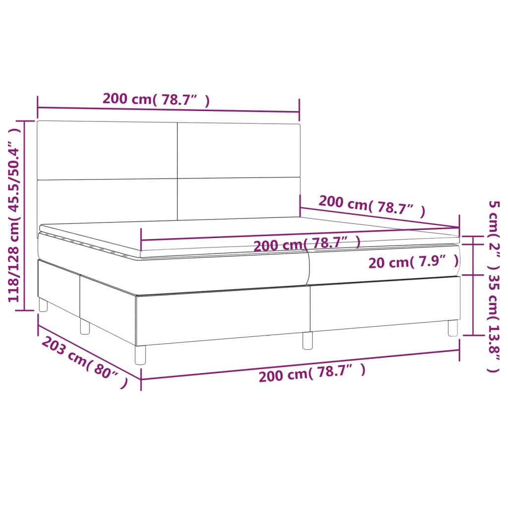 Krevet box spring s madracem LED sivi 200x200cm od umjetne kože