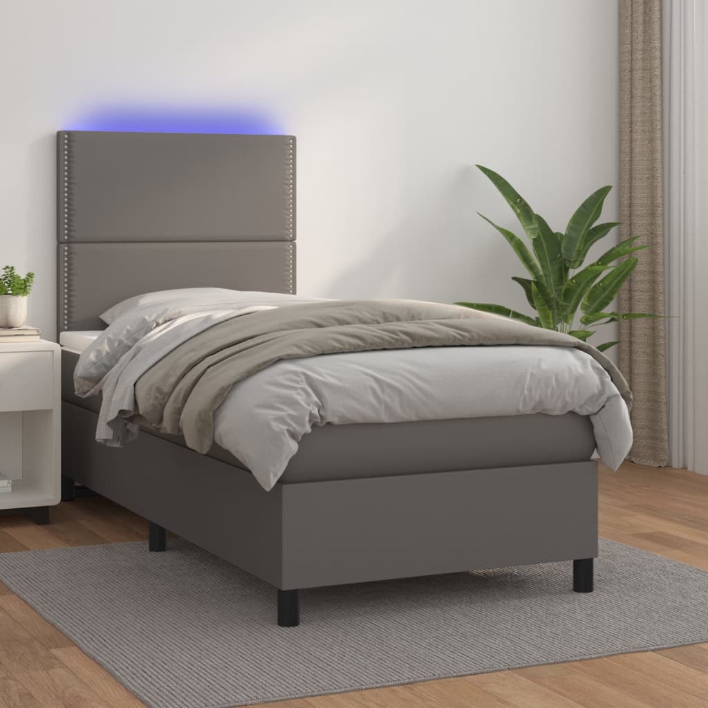 Krevet box spring s madracem LED sivi 90x190 cm od umjetne kože