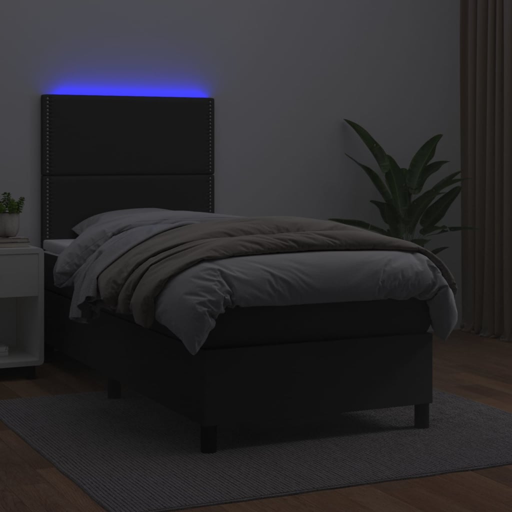 Krevet box spring s madracem LED crni 90x200 cm od umjetne kože