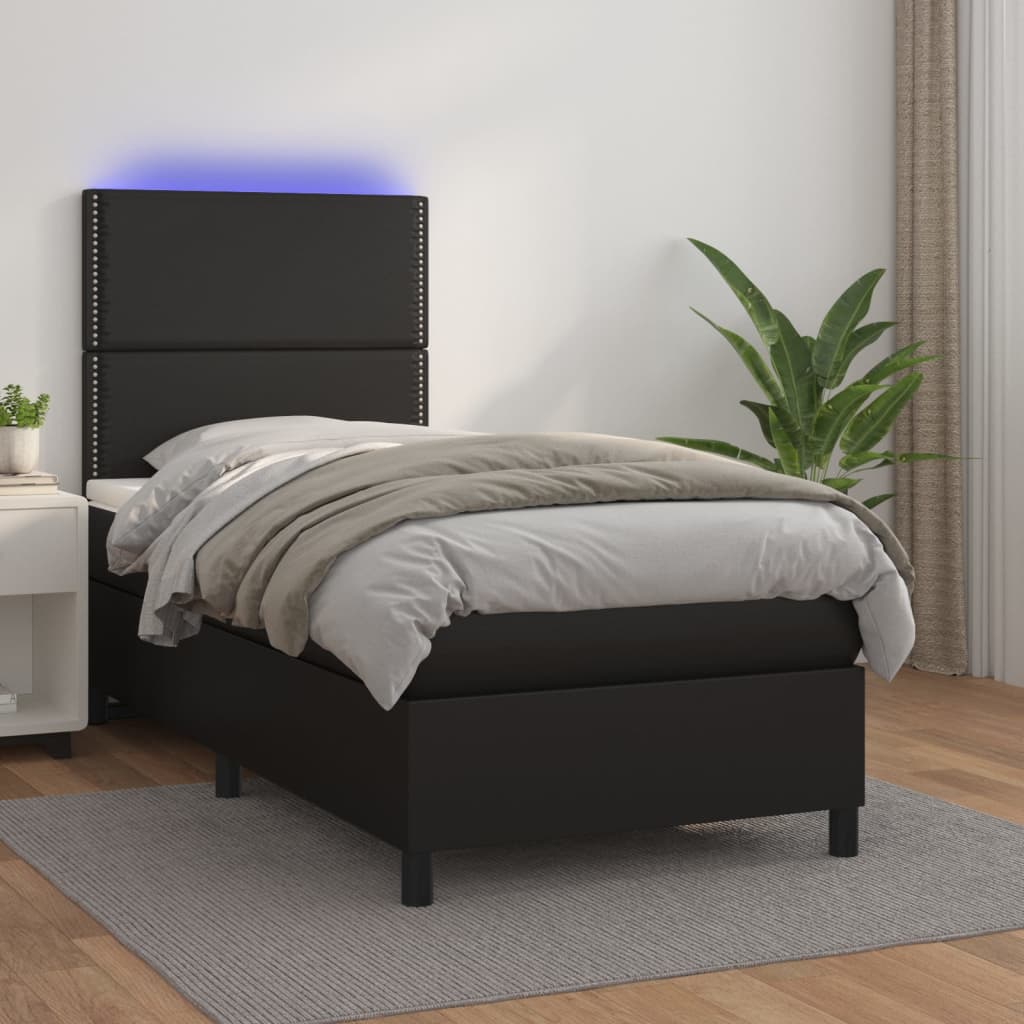 Krevet box spring s madracem LED crni 90x200 cm od umjetne kože