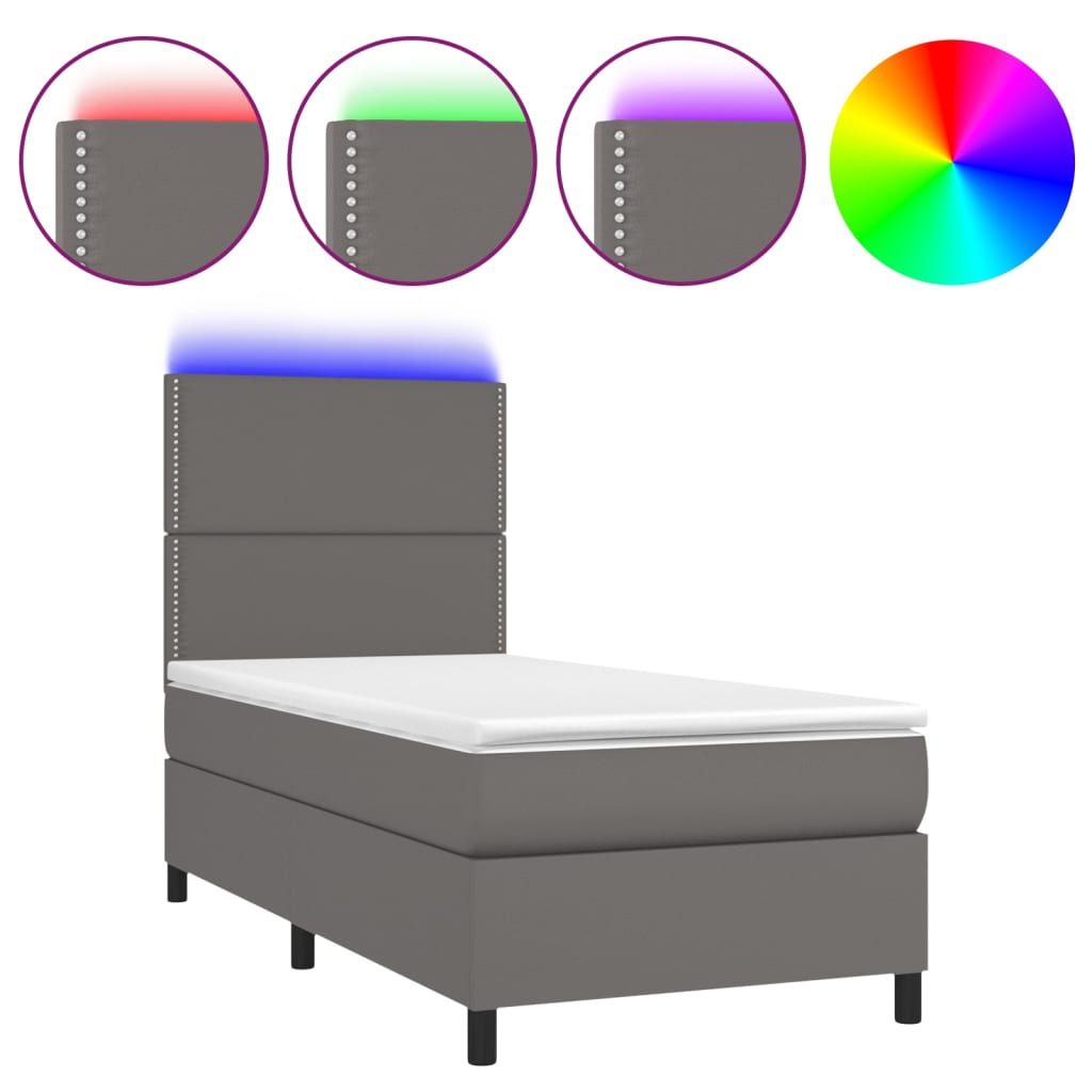 Krevet box spring s madracem LED sivi 90x200 cm od umjetne kože