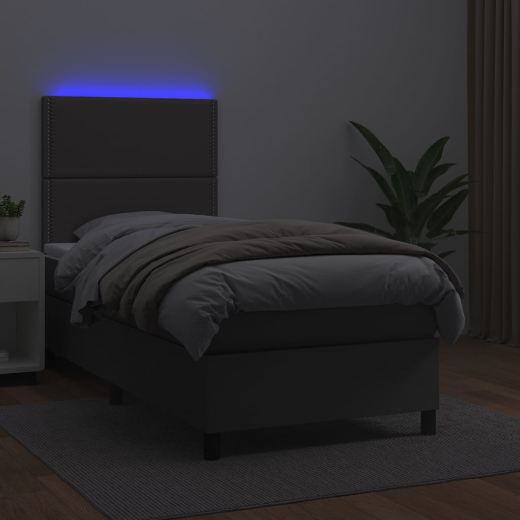 Krevet box spring s madracem LED sivi 90x200 cm od umjetne kože
