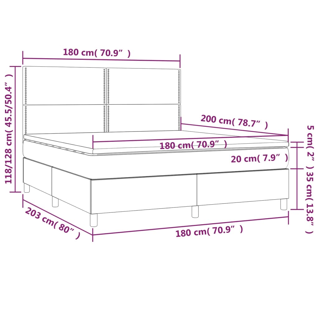 Krevet box spring s madracem LED sivi 180x200cm od umjetne kože