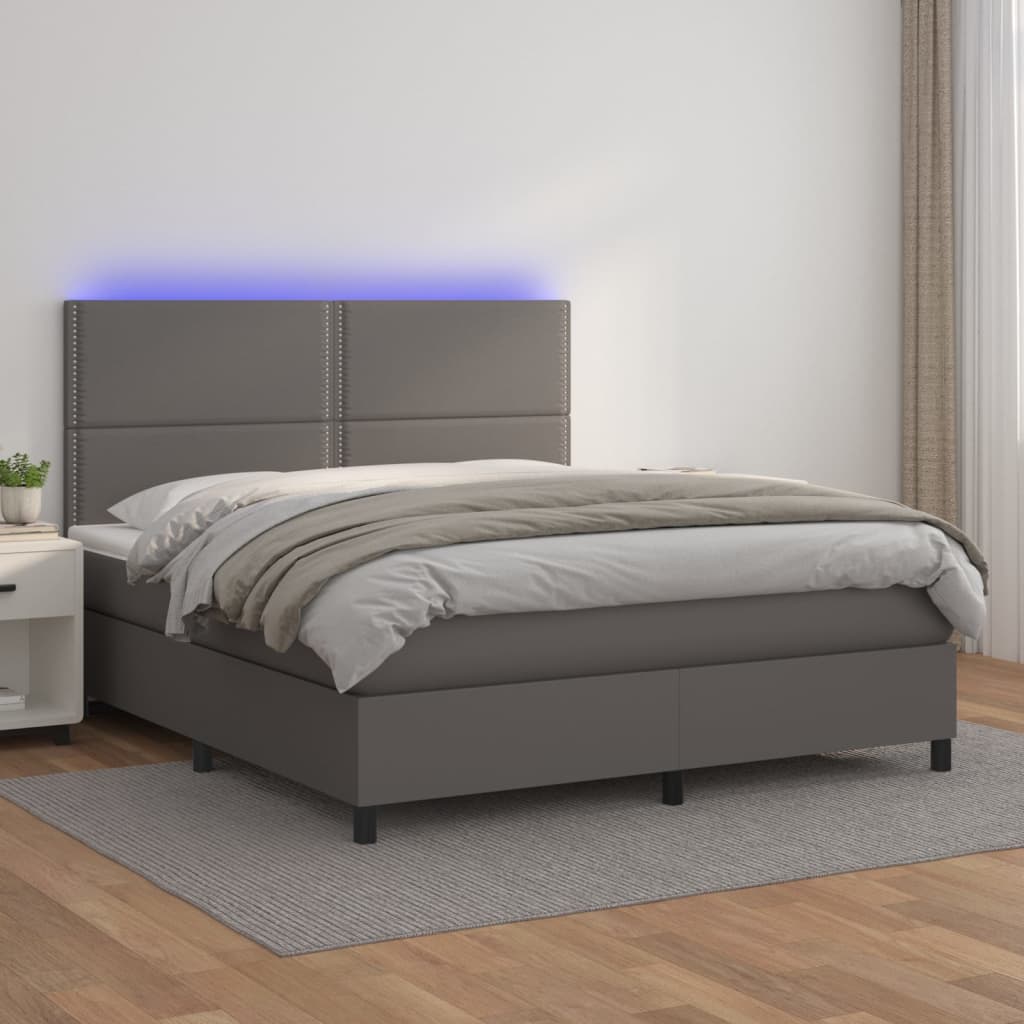 Krevet box spring s madracem LED sivi 180x200cm od umjetne kože