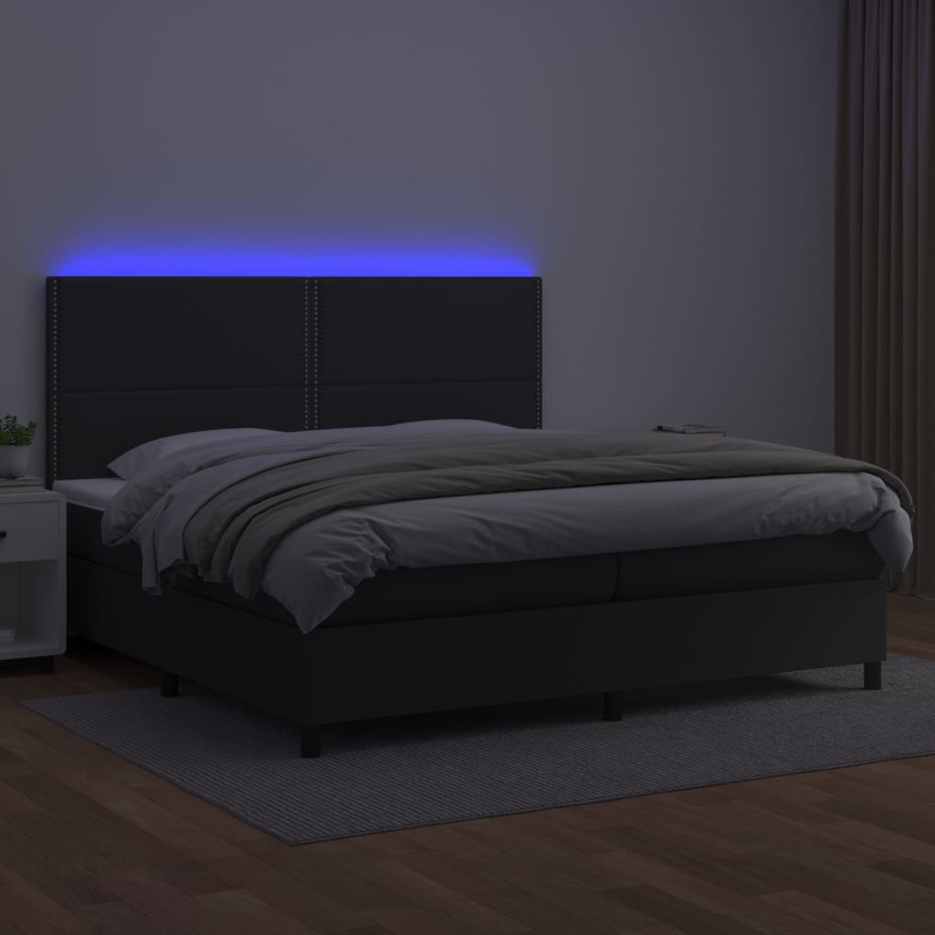 Krevet box spring s madracem LED crni 200x200cm od umjetne kože