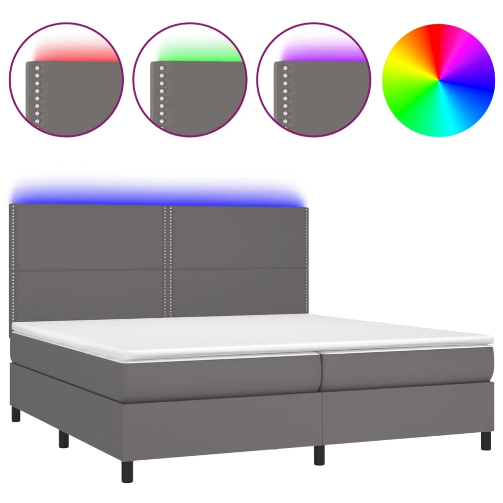Krevet box spring s madracem LED sivi 200x200cm od umjetne kože