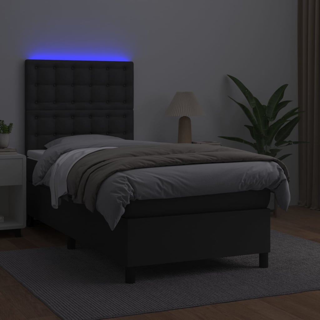Krevet box spring s madracem LED crni 90x190 cm od umjetne kože