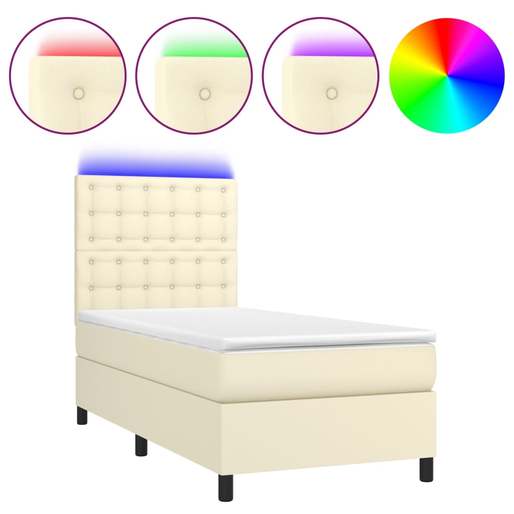 Krevet box spring s madracem LED krem 90x190 cm od umjetne kože