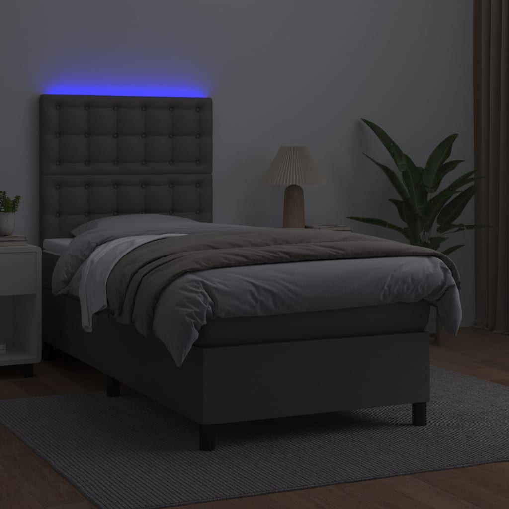 Krevet box spring s madracem LED sivi 90x190 cm od umjetne kože