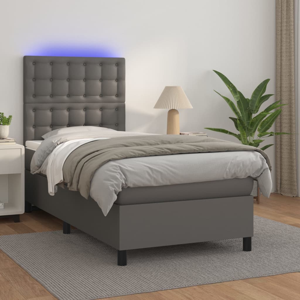 Krevet box spring s madracem LED sivi 90x190 cm od umjetne kože
